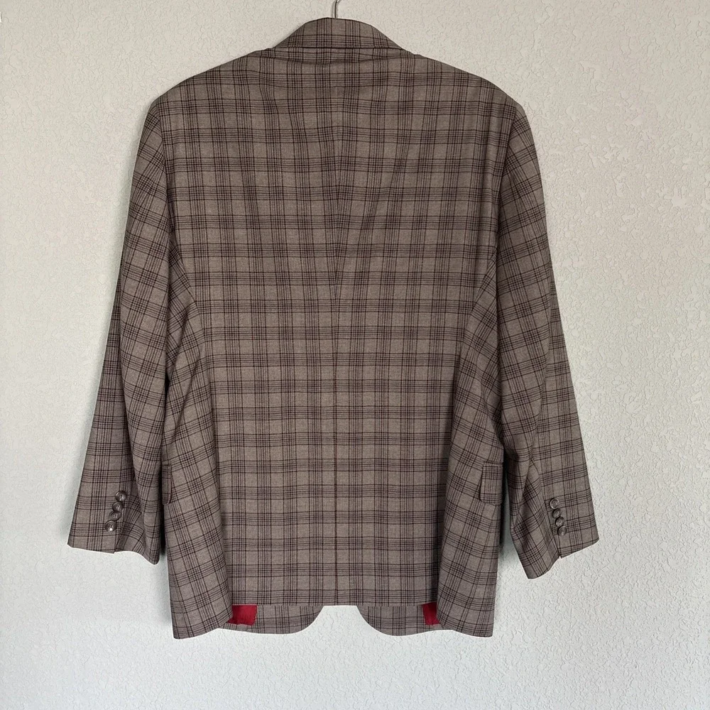 J. Hilburn Men's 44R Gray/Red Plaid Lined Italian Wool Blazer Jacket 2‎ Button